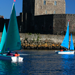 Light Blue and Green Access 303 Dinghies sailing in Carrickfergus Harbour